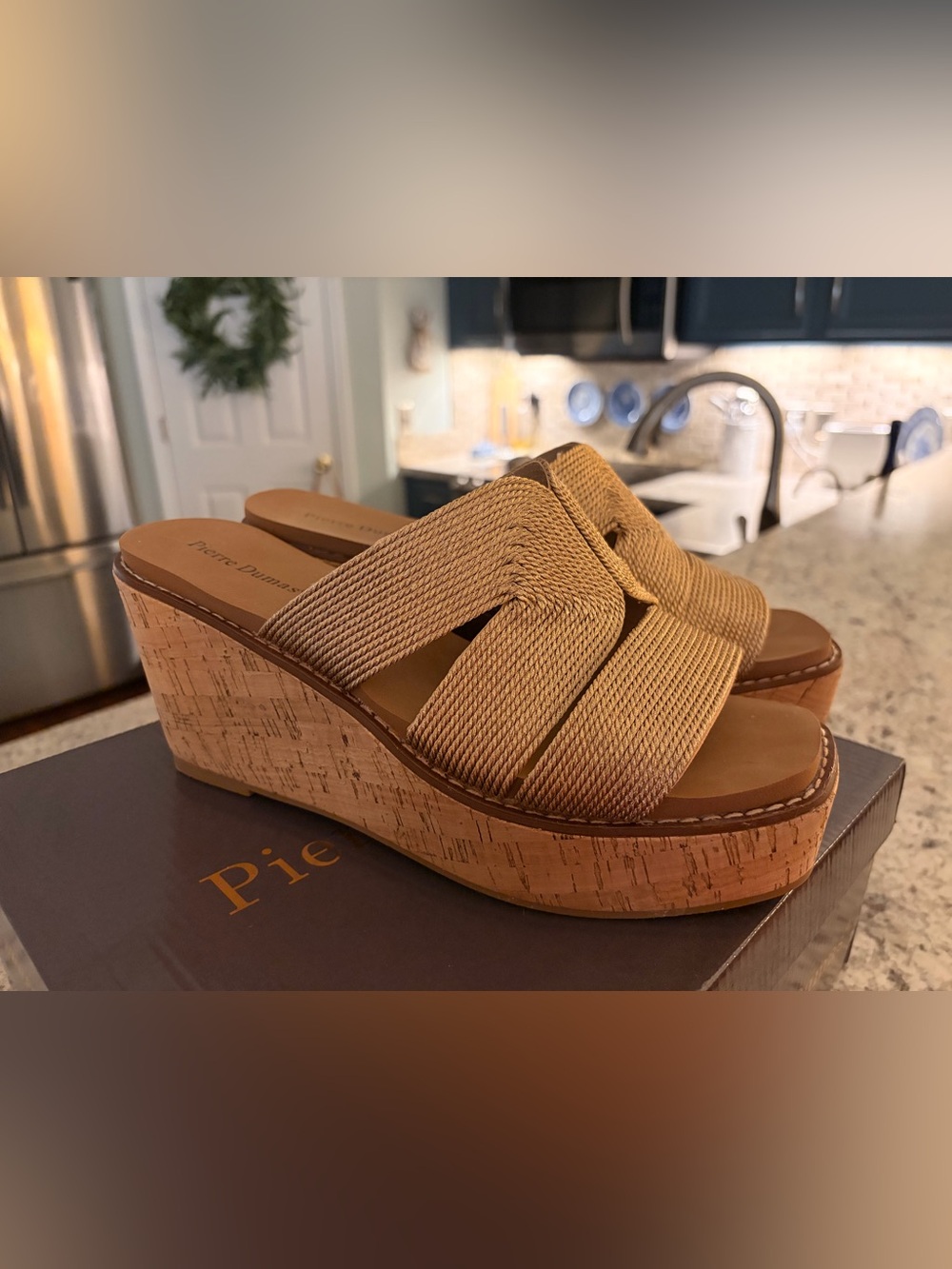 Pierre Dumas Flynn Rose Gold Braided Cork Wedge Slides 10 M